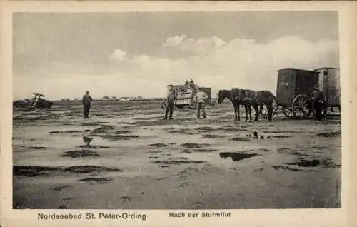 Ak Sankt Peter Ording in Nordfriesland, Nach der Sturmflut, Pferdewagen