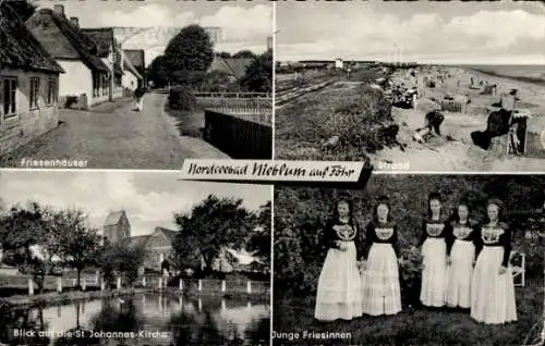 Ak Nieblum Insel Föhr Nordfriesland, Friesenhäuser, Strand, St. Johannes Kirche, Friesinnen, Tracht