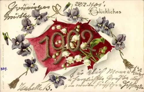 Präge Litho Glückwunsch Neujahr, Jahreszahl 1902, Veilchen