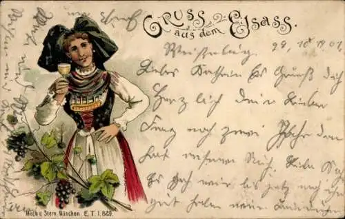 Litho Elsässerin mit Weinglas in Volkstracht