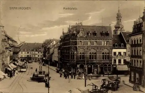 Ak Saarbrücken, Marktplatz, Straßenbahn
