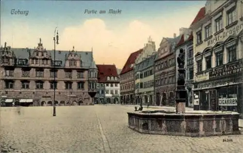 Ak Coburg in Oberfranken, Partie am Markt, Brunnen, Drogerie