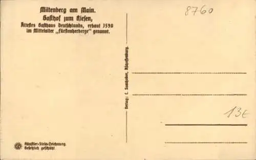 Steindruck Ak Miltenberg am Main Unterfranken, Gasthof zum Riesen