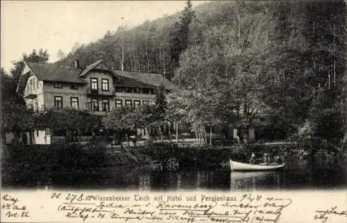 Ak Wiesenbek Bad Lauterberg im Harz, Wiesenbeker Teich, Hotel und Pensionshaus, Ruderboot
