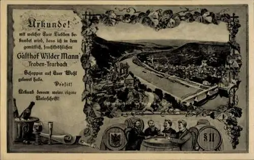 Ak Traben Trarbach an der Mosel, Gasthof Wilder Mann, Urkunde, Panorama