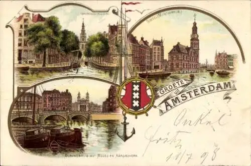 Passepartout-Lithographie Amsterdam Nordholland Niederlande, Brücke, Kirche