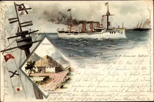 Künstler Litho Deutsches Kriegsschiff, SMS Gefion, Kreuzer, Kaiserliche Marine, Kiautschau