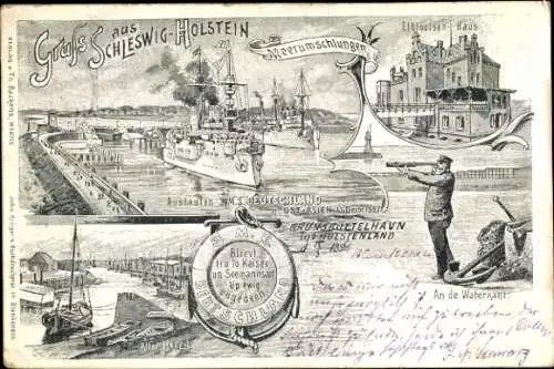 Litho Deutsches Kriegsschiff, SMS Schleswig-Holstein, Elblotsen-Haus, Waterkant