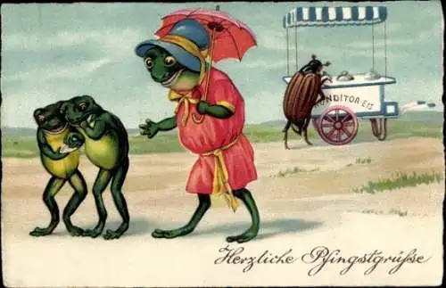 Ak Glückwunsch Pfingsten, Vermenschlichte Frösche, Maikäfer als Eisverkäufer