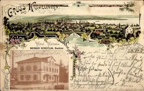 Litho Kreuzlingen Kanton Thurgau, Totalansicht, Hotel Helvetia