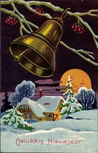 Ak Glückwunsch Neujahr, Glocke, Landschaft, Mondschein