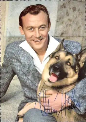 Ak Schauspieler Claus Holm, Schäferhund, Portrait, Autogramm