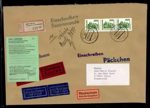 Michel Nr. 3352 (3) auf Luftpost-Eilboten-R-Rückschein-Päckchen, Berlin Paris, Zollschein