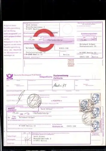 Michel Nr. 1497 (4) auf Telegrafischer Zahlkarte, Abschrift, Einlieferungsschein, Postbank