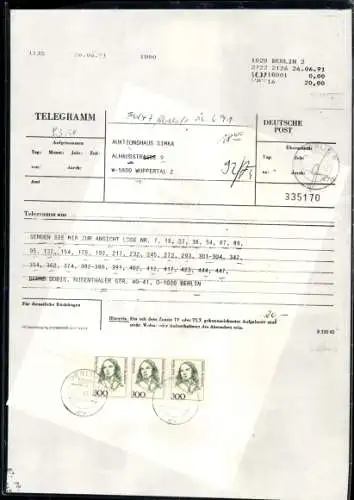 Michel Nr. 1433 (3) auf Telegramm, Abschrift, Deutsche Post