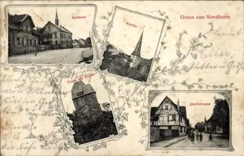 Ak Nordheim am Neckar, Rathaus, Kirche, Fährturm, Dorfstraße