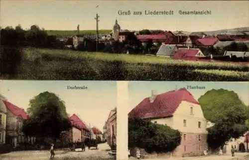 Ak Liederstädt Querfurt, Gesamtansicht, Dorfstraße, Pfarrhaus