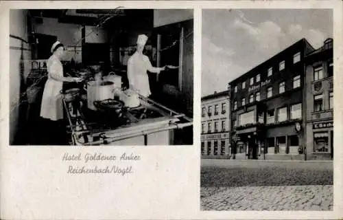 Ak Reichenbach im Vogtland, Hotel Goldener Anker, Küche, Innenansicht