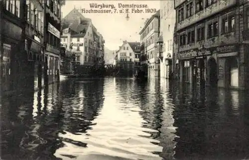 Ak Würzburg am Main Unterfranken, Hochwasser Februar 1909, Domstraße