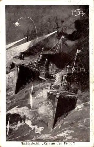 Künstler Ak Thiele, Arthur, Deutsche Kriegsschiffe, Ran an den Feind, Nachtgefecht