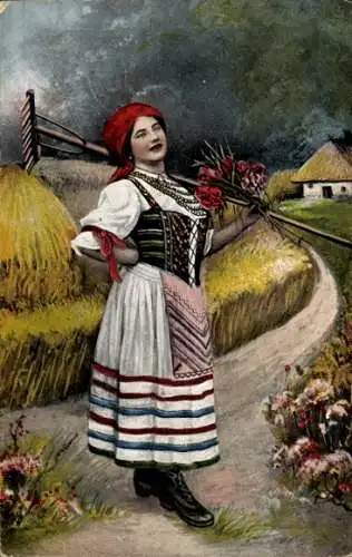 Ak Polnische Bäuerin in Volkstracht, Harke, Rock