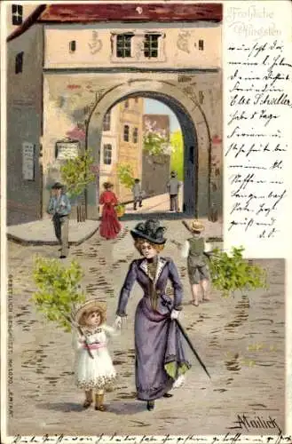 Künstler Litho Mailick, Glückwunsch Pfingsten, Mutter mit Kind, Birkenzweige