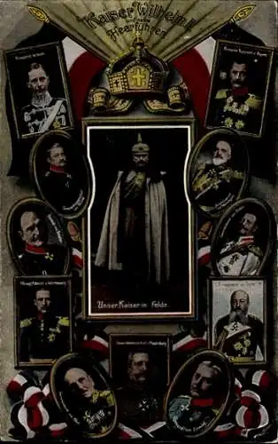 Ak Kaiser Wilhelm II., Kronprinz, Heerführer, von Tirpitz, Hindenburg, von Emmich, Portraits