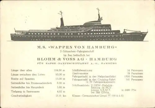 Künstler Ak Fahrgastschiff MS Wappen von Hamburg, Blohm und Voss, Stapellauf 1962