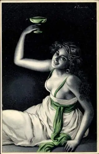 Künstler Litho Frau mit Weinglas, tiefes Dekollete, Busen