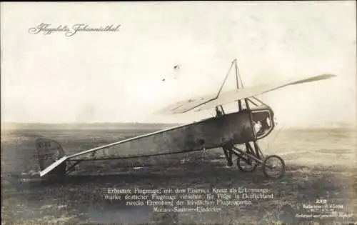 Ak Berlin Treptow Johannisthal, Erbeutetes Flugzeug, Morane-Saulnier-Eindecker, Sanke 279