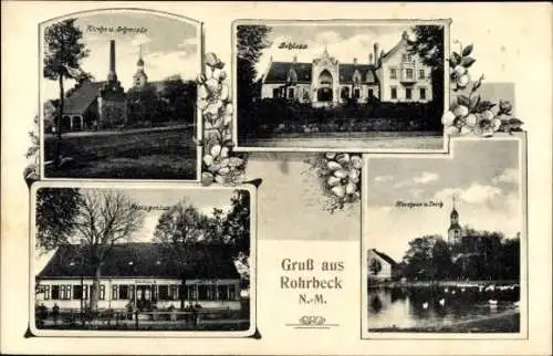 Ak Rohrbeck Kreis Arnswalde Neumark Ostbrandenburg, Teich, Kirche, Schmiede, Schloss