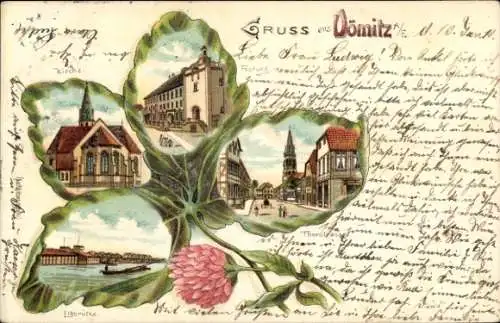 Kleeblatt Litho Dömitz an der Elbe Mecklenburg, Thorstraße, Elbbrücke, Kirche, Festung