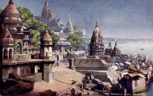 Künstler Ak Varanasi Benares Indien, Burning Ghat