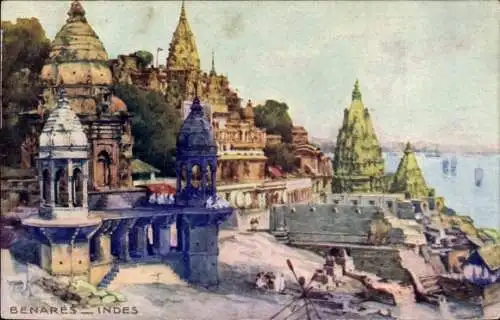 Künstler Ak Varanasi Benares Indien, Tempel, Burning Ghat
