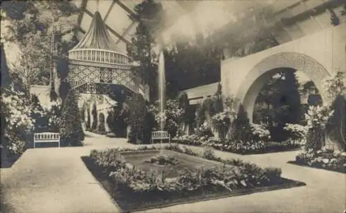 Ak München, Frühjahrsblumenausstellung 1911, Fontaine, Sitzbänke