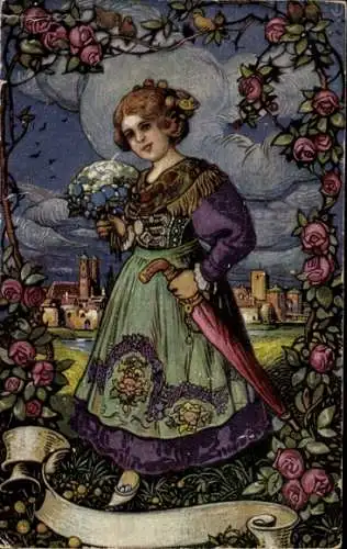 Ak München, Frau, Blumen, Schirm, Gedicht Den Helden,