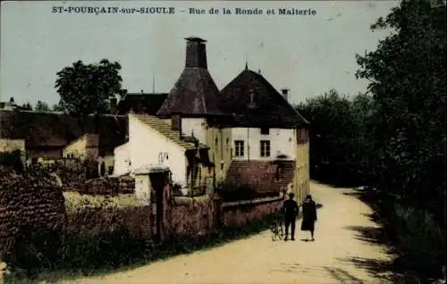 Ak Saint Pourcain sur Sioule Allier, Rue de la Ronde et Malterie, velo