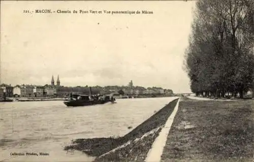 Ak Mâcon Saône-et-Loire, Panorama, Chemin du Pont-Vert, Dampfer