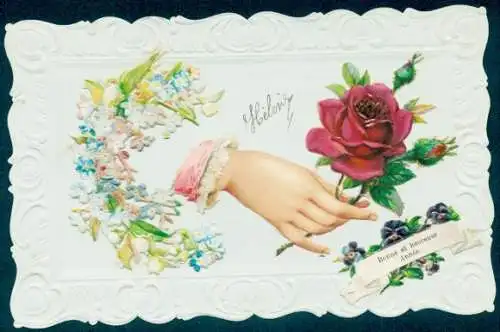 Präge Ak Glückwunsch Neujahr, Weibliche Hand, Rose, Vergissmeinnicht