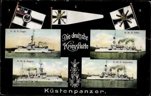 Ak Deutsche Kriegsschiffe, SMS Aegir, SMS Odin, SMS Hagen, SMS Heimdall, Küstenpanzer