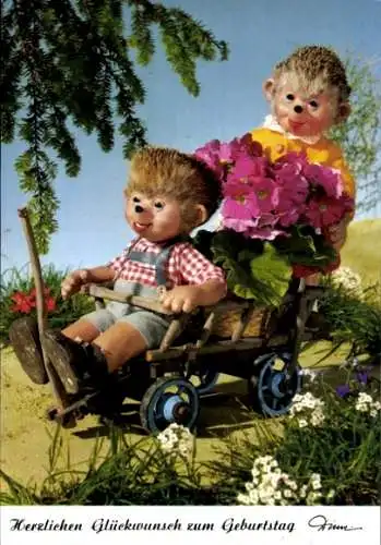 Ak Mecki der Igel, Glückwunsch zum Geburtstag, Igelkinder, Handwagen, Blumen