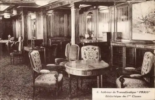 Ak Paquebot Paris, CGT French Line, Innenraum, Bibliothek der 1. Klasse