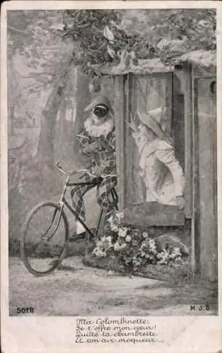 Ak Theaterszene, Radfahrer, Frau am Fenster, Fahrrad