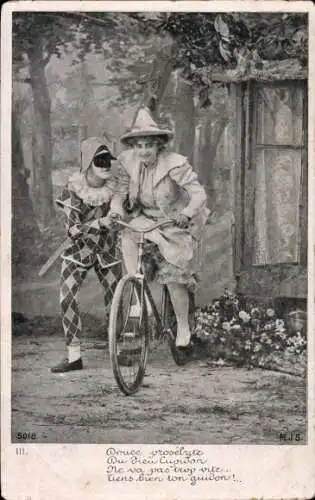 Ak Theaterszene, Frau lernt Radfahren, Fahrrad, Unfall, Unterricht