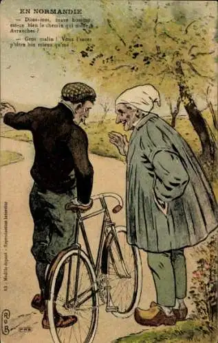 Künstler Ak Normandie, Zwei Männer, Gespräch, Fahrrad