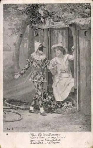 Ak Theaterszene, Liebespaar, Nach dem Radfahren-Unterricht, Fahrrad