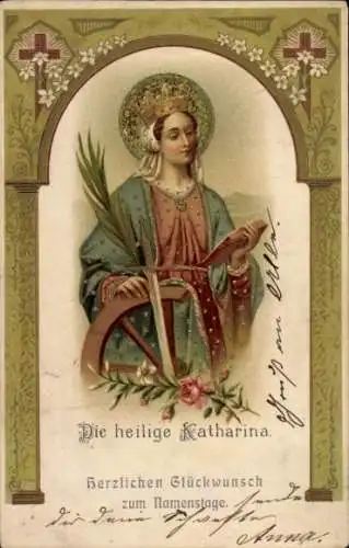 Passepartout Litho Glückwunsch Namenstag, Heilige Katharina
