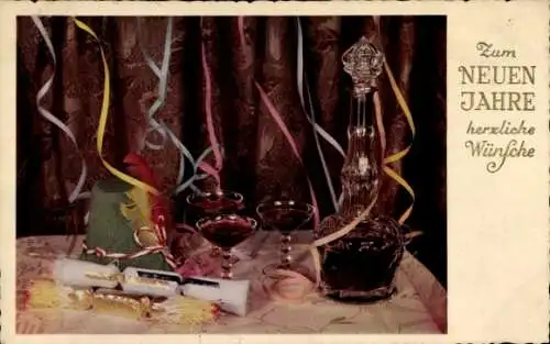 Ak Glückwunsch Neujahr, Weingläser, Karaffe