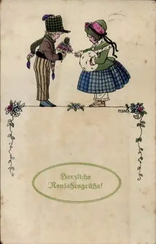 Künstler Ak Ebner, P., Glückwunsch Neujahr, Kinder, Blumen