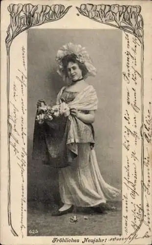 Passepartout Ak Glückwunsch Neujahr, Junge Frau, Blumen